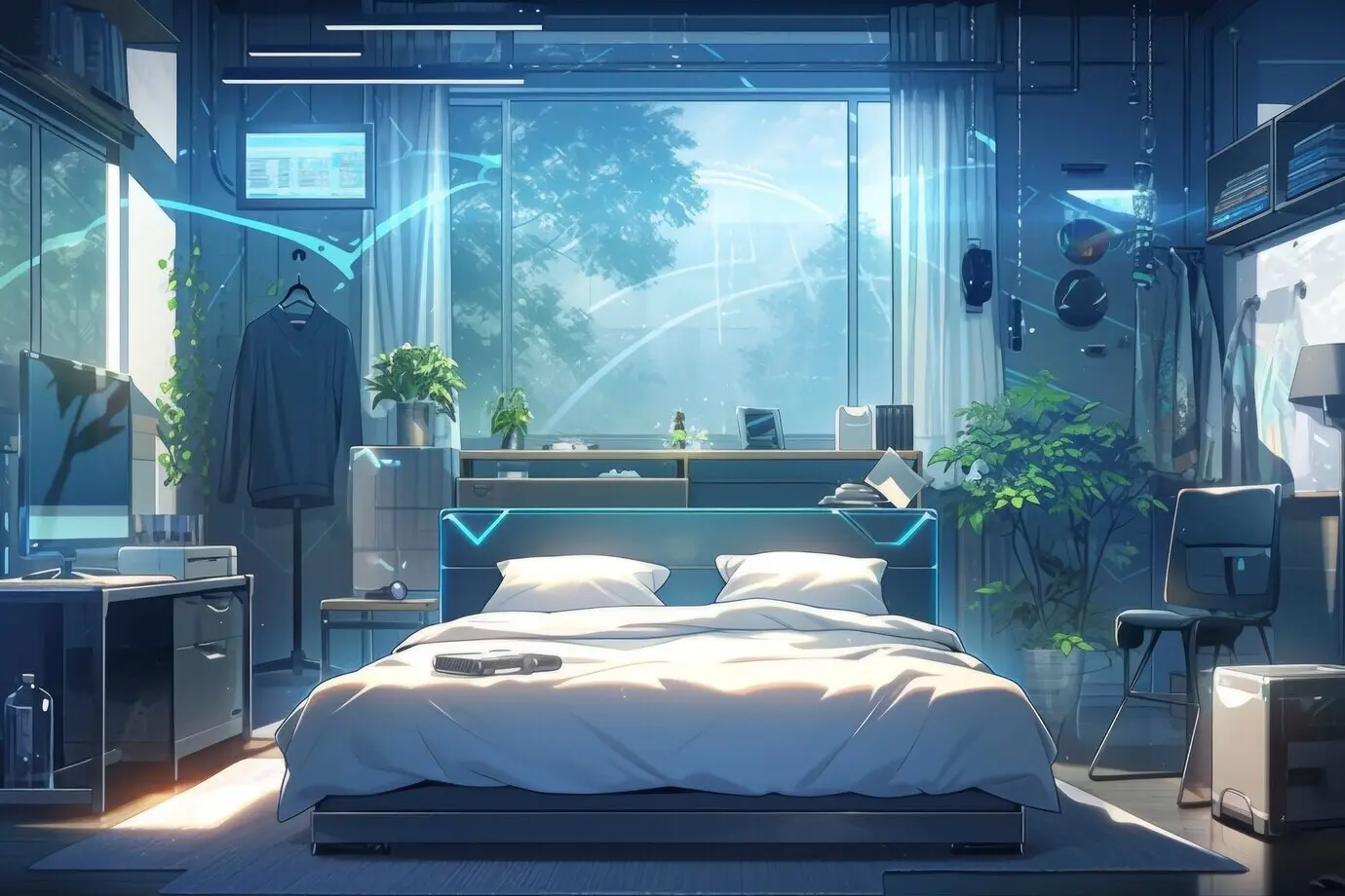 Cozy anime-style home interior with furnishings.