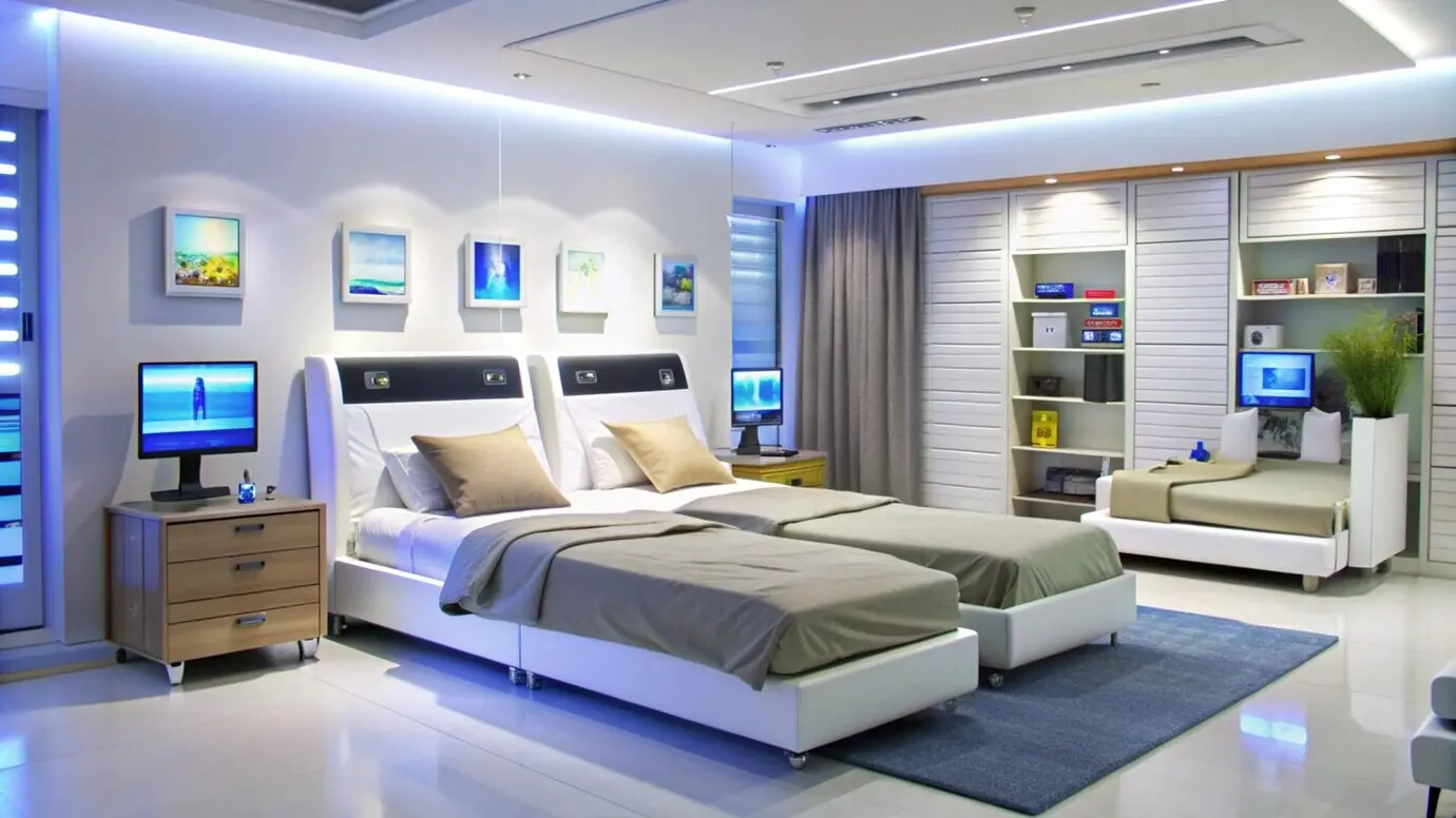 Contemporary bedroom with twin beds and a blue rug