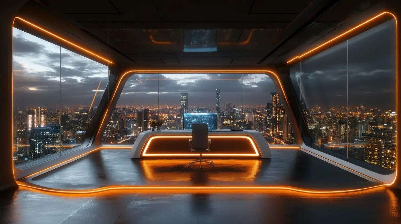 Contemporary office space with futuristic furniture and decor
